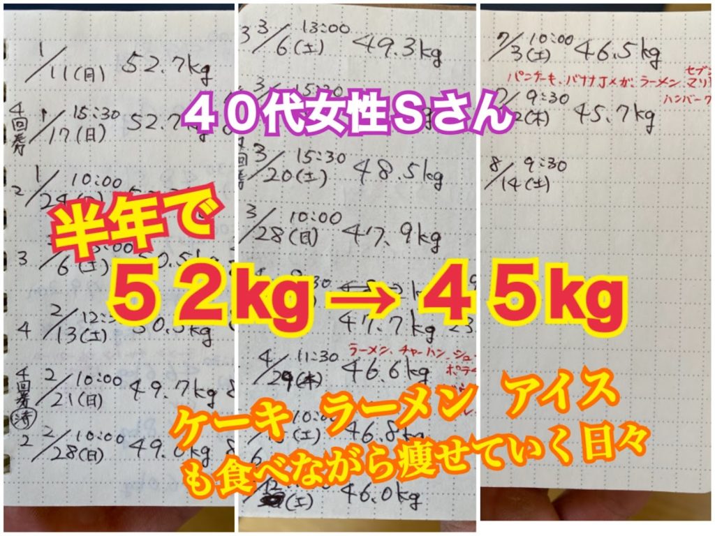 松本市のパーソナルトレーニングジムに通う40代女性。元々52キロというそれほど太っていない状態からでも、半年で45キロまで引き締めることができました。ケーキやアイスを食べながら気楽に減量。筋力や体力も比べ物にならないくらい身につきました。